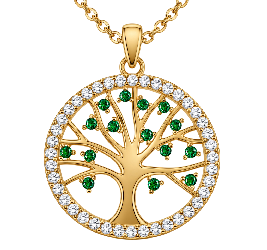 Collier Arbre de Vie – Plaqué Or Jaune 18 Carats & Zirconiums Verts et Blancs