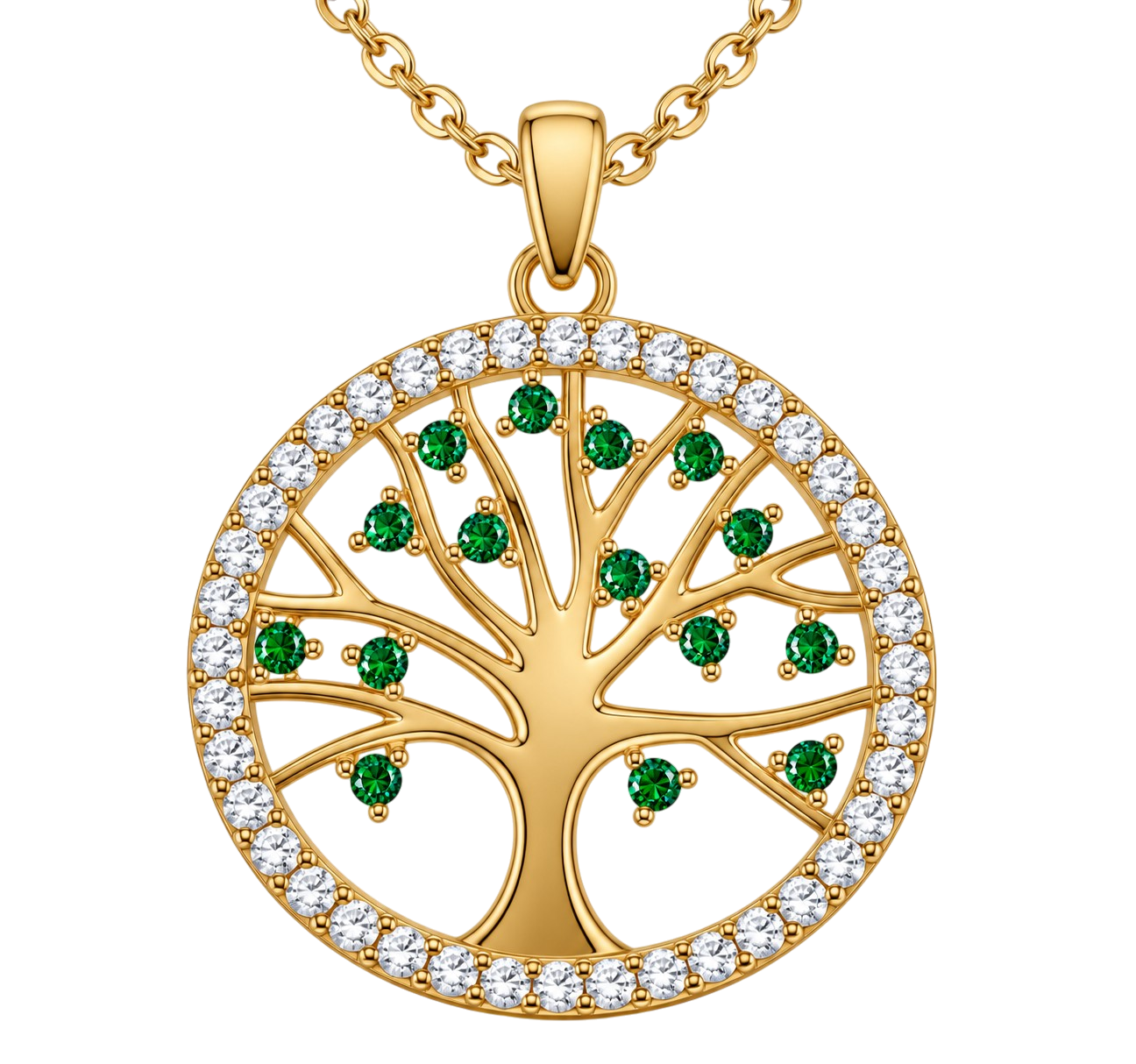 Collier Arbre de Vie – Plaqué Or Jaune 18 Carats & Zirconiums Verts et Blancs