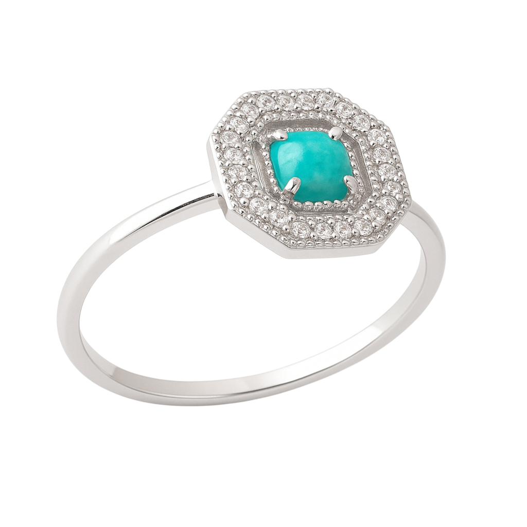 Bague en Argent 925 Rhodié avec Amazonite – Halo de Zirconium | Élégance & Protection