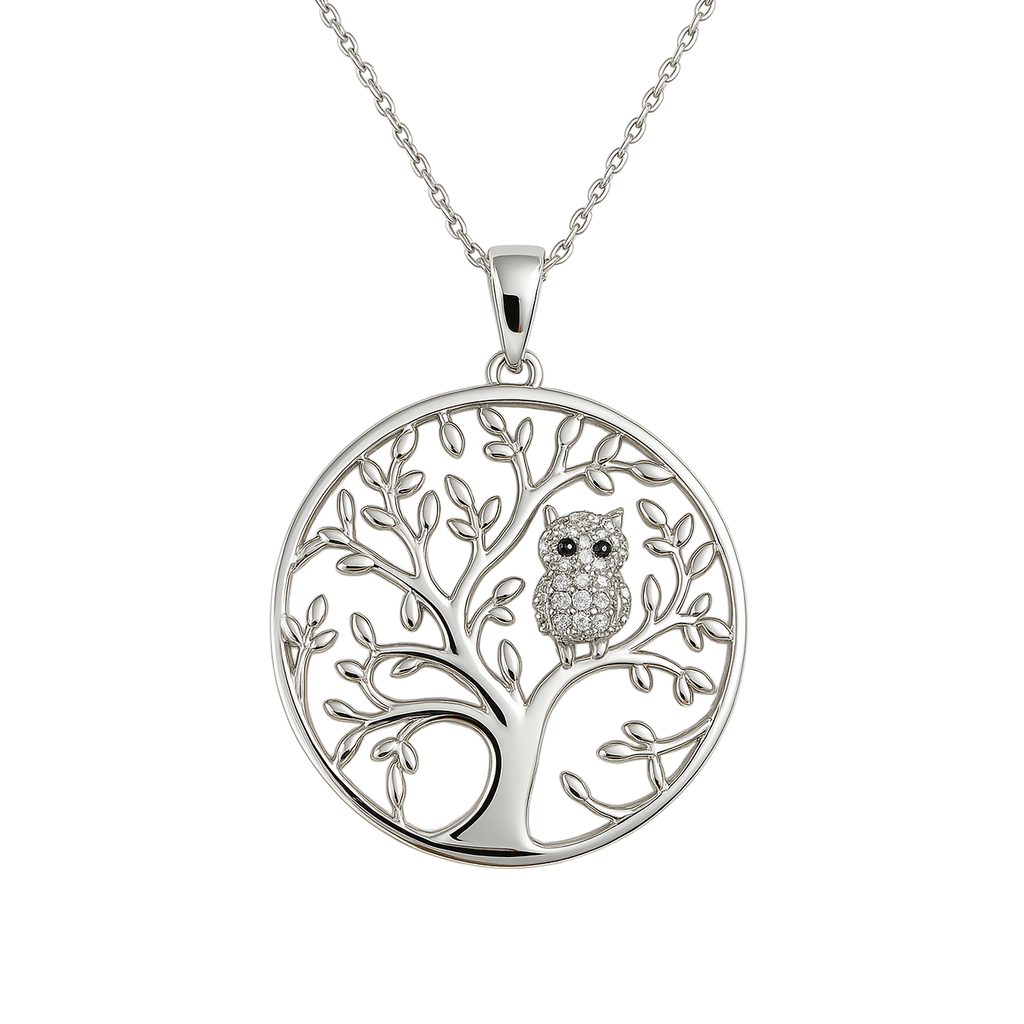 Collier Arbre de Vie & Hibou en Argent 925 Rhodié –  serti de Zirconium