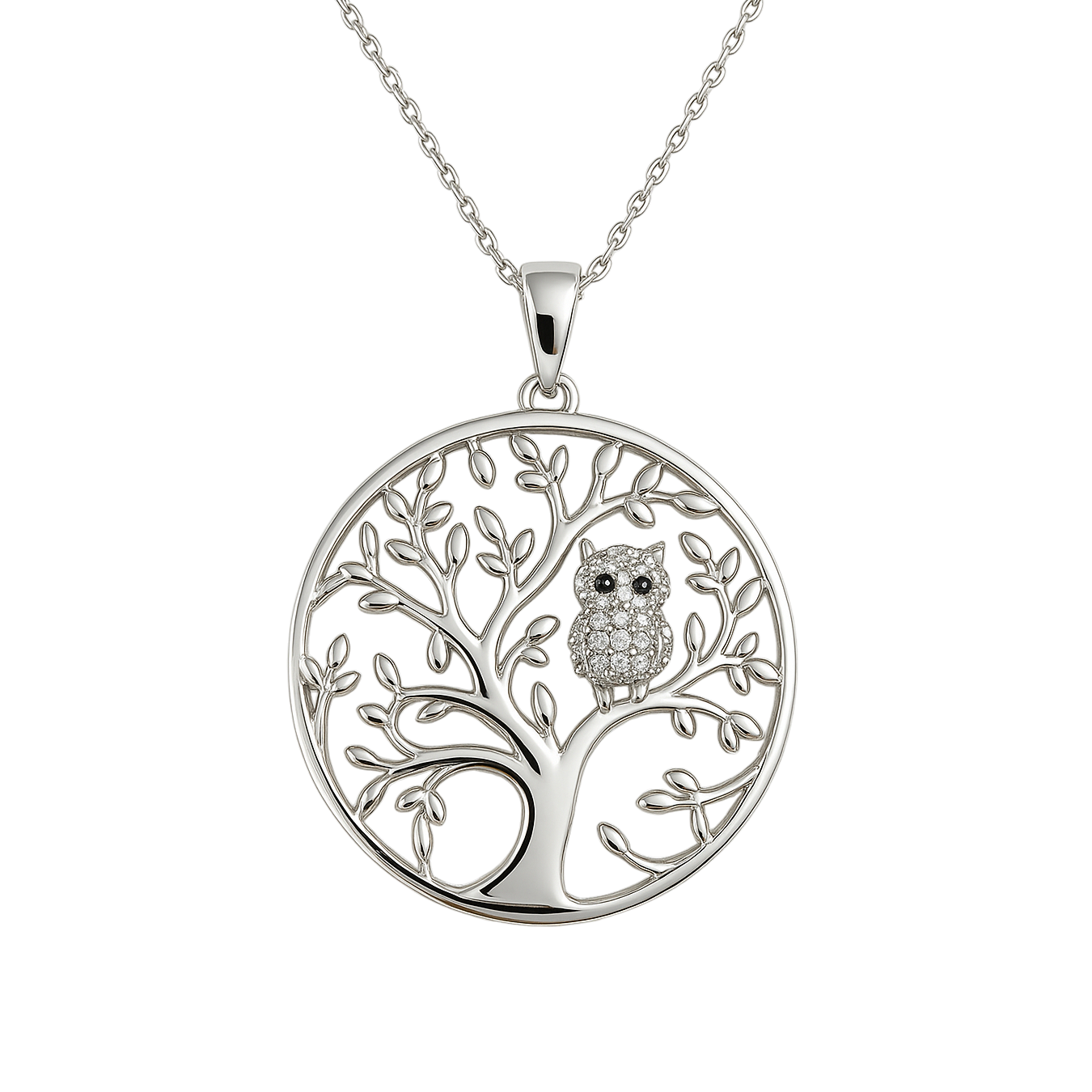 Collier Arbre de Vie & Hibou en Argent 925 Rhodié –  serti de Zirconium