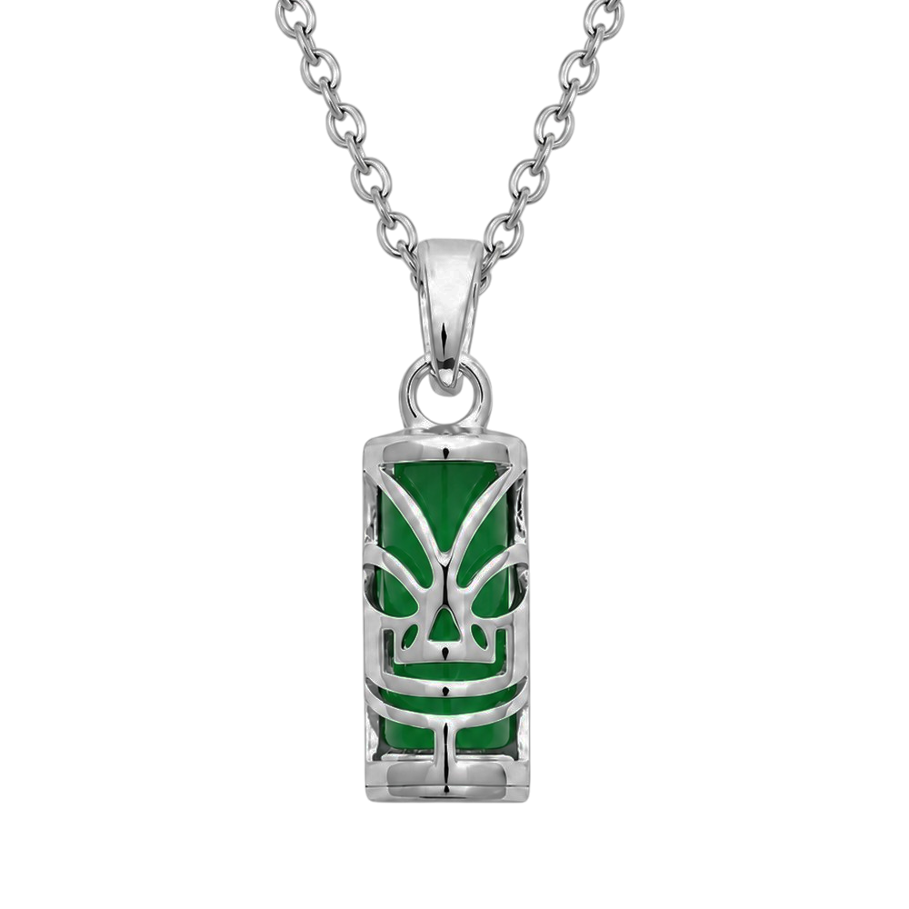 Collier petit Tiki en Argent 925 Rhodié & Agate Verte Naturelle – Unisexe