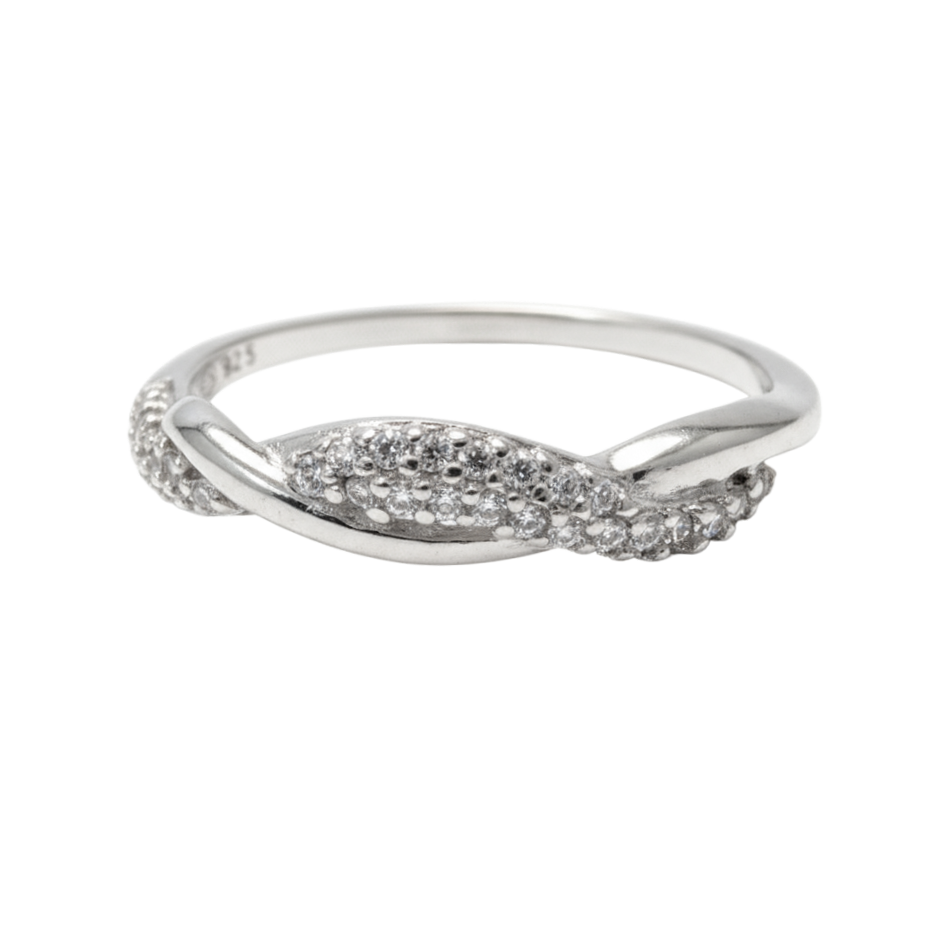 Bague en Argent 925 Rhodié – Anneau Élégant Torsadé Sertis de Zirconiums