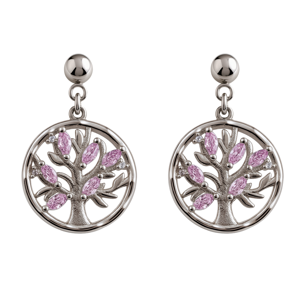 Boucles d’Oreilles Arbre de Vie en Argent Rhodié – Zirconium Rose & Blanc