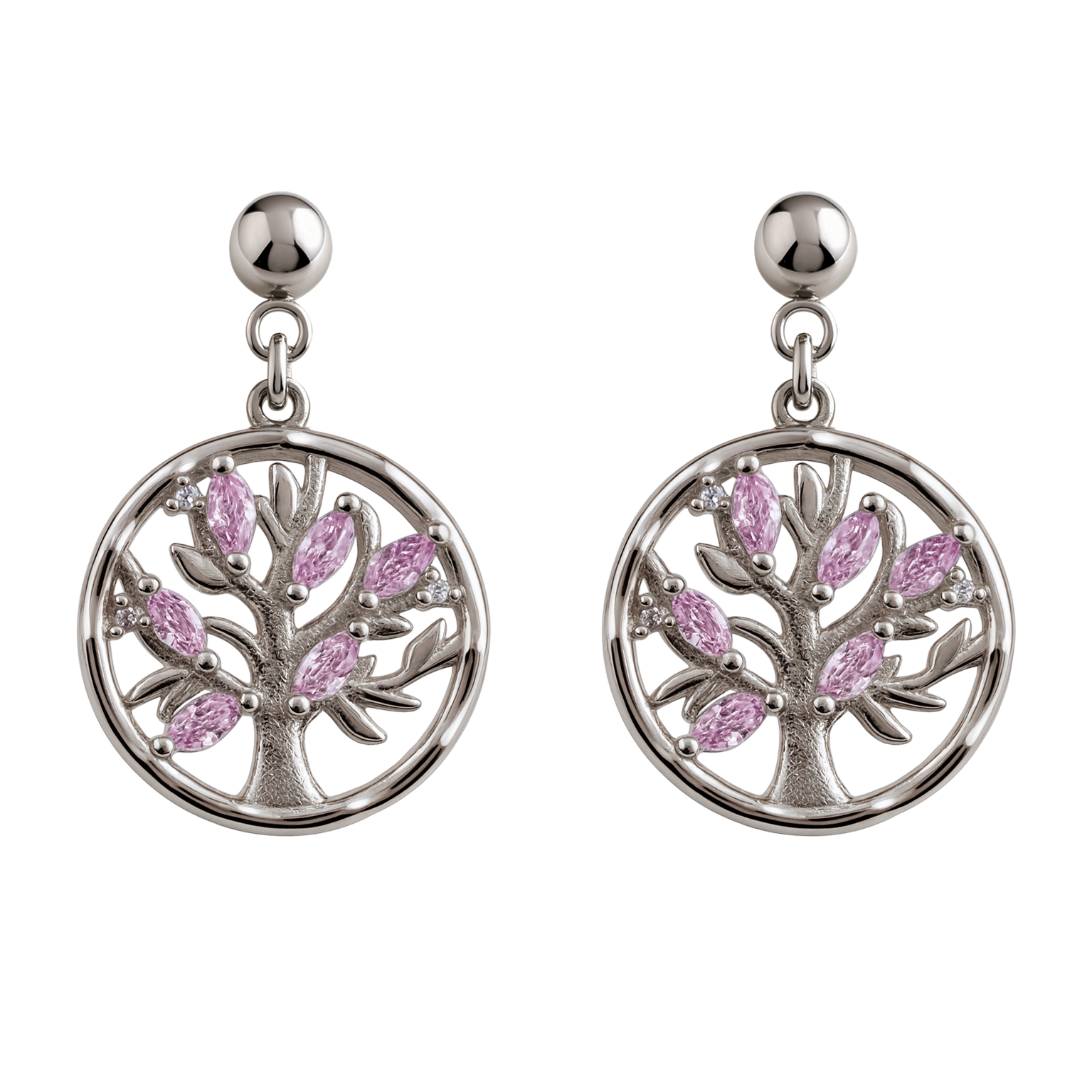 Boucles d’Oreilles Arbre de Vie en Argent Rhodié – Zirconium Rose & Blanc