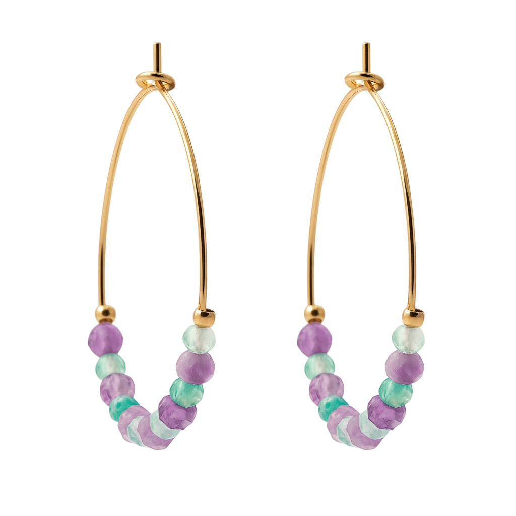 Boucles d’oreilles créoles 3 cm en plaqué or – Améthyste & Calcédoine