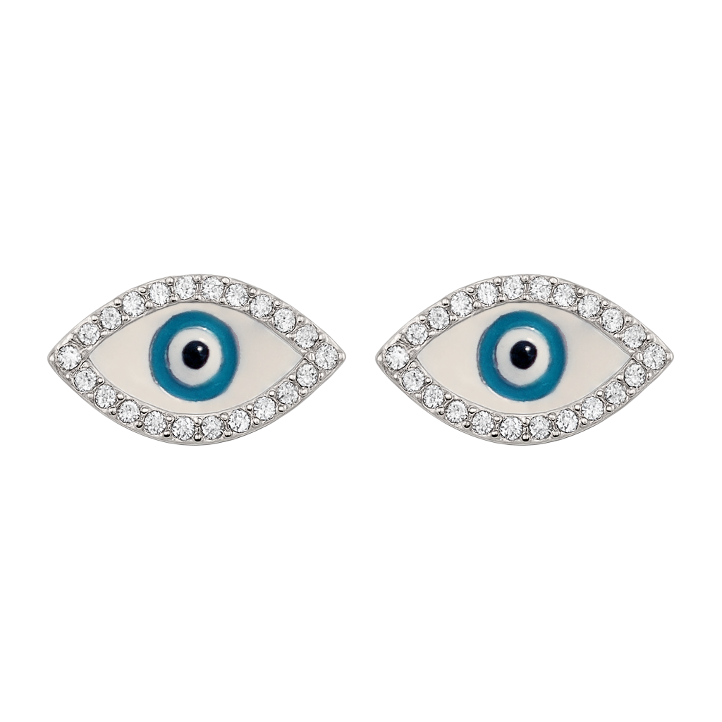 Boucles d’Oreilles Œil Protecteur en Argent Rhodié & Zirconium Blanc