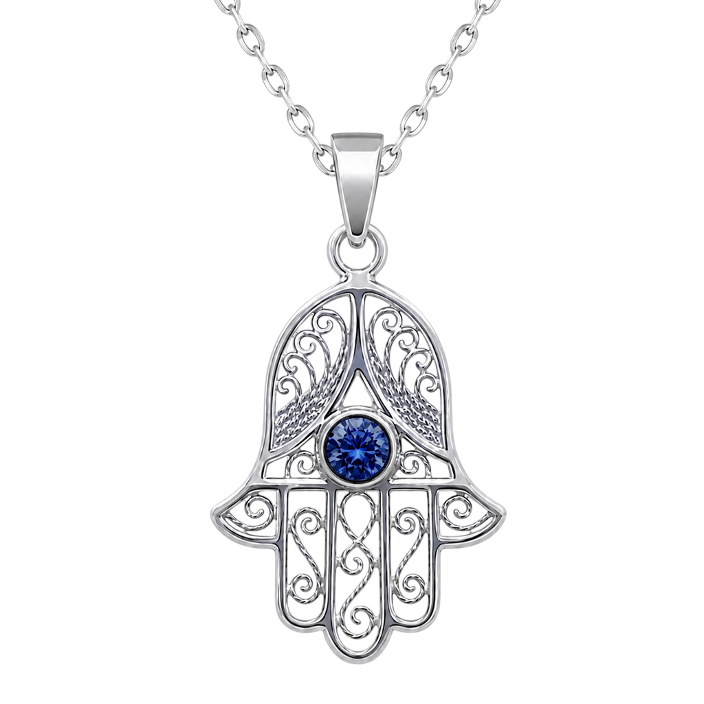 Collier Main de Fatma en Argent 925 Rhodié & Zirconium Bleu