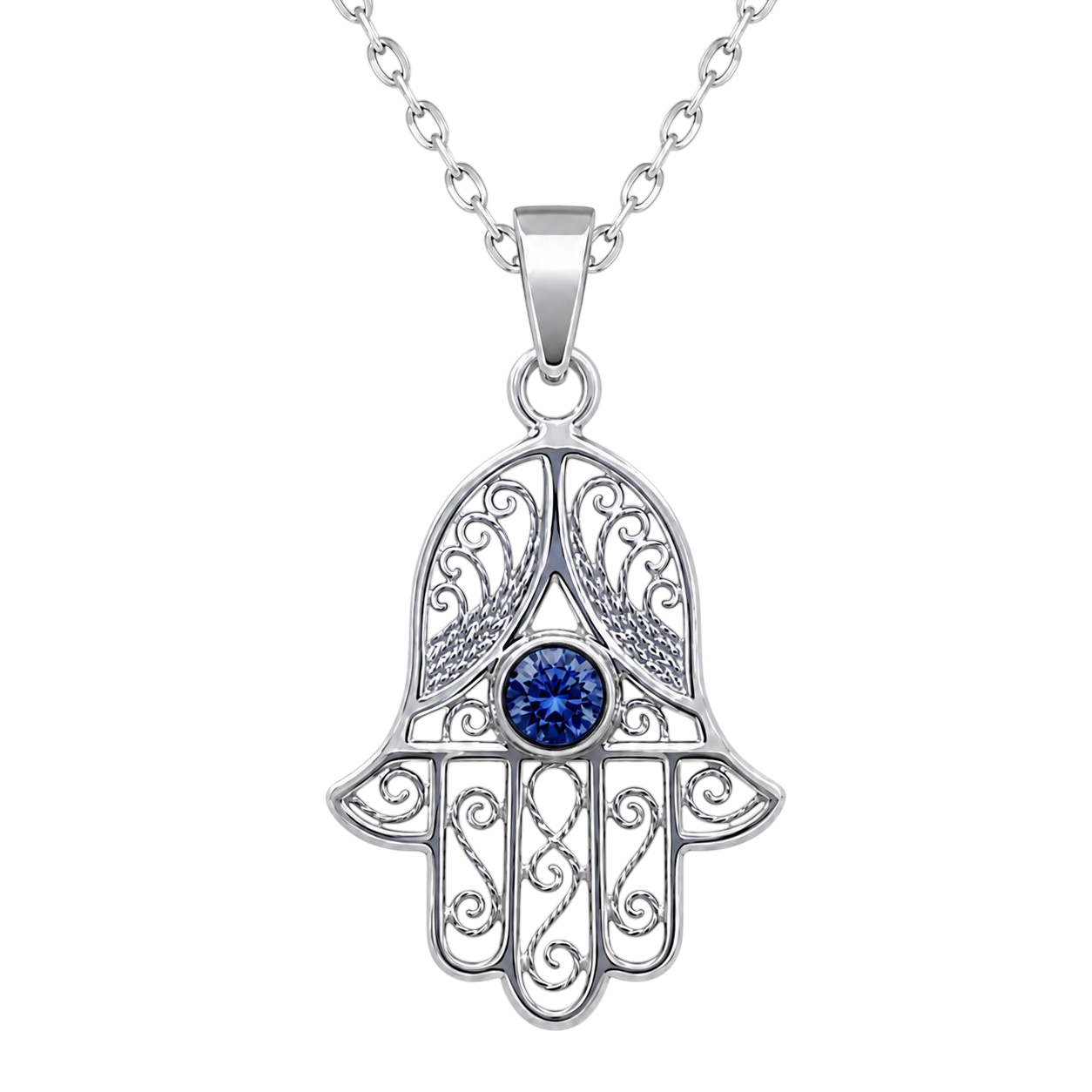Collier Main de Fatma en Argent 925 Rhodié & Zirconium Bleu