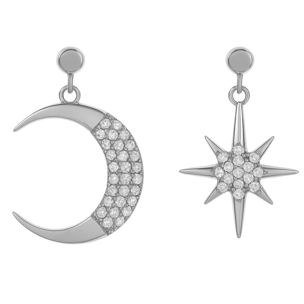 Boucles d’oreilles asymétriques Lune & Étoile – Argent Rhodié & Zirconium Blanc