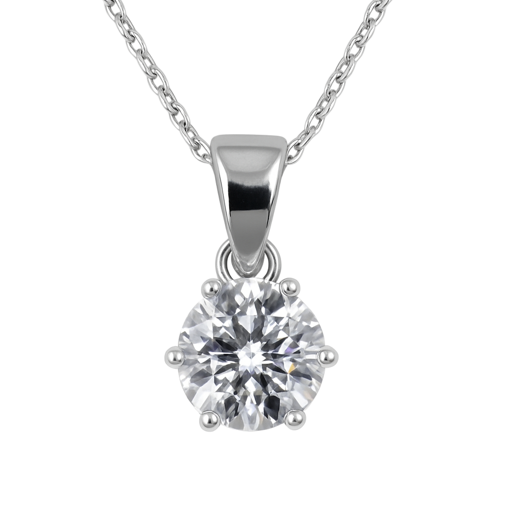Collier Solitaire en Argent 925 Rhodié – Zirconium 6 mm | Chaîne 40 + 5 cm