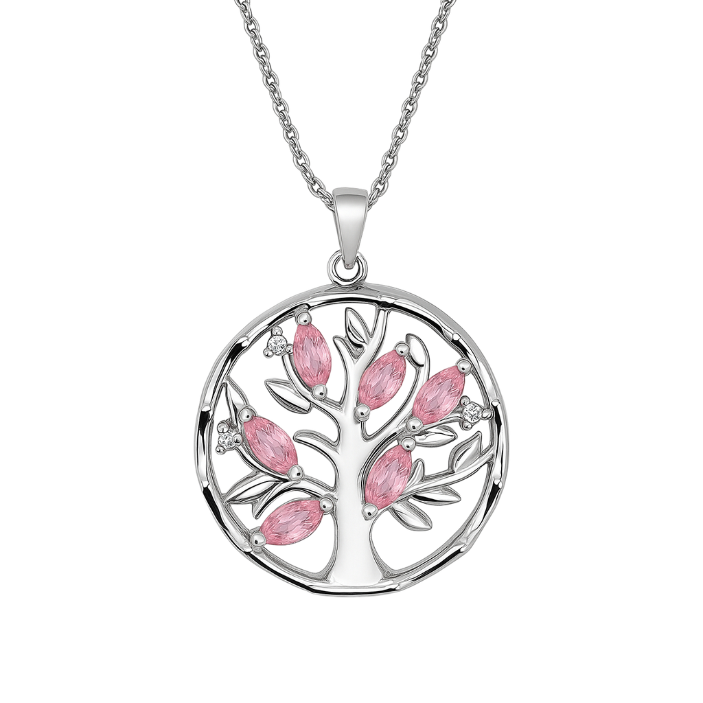Collier Arbre de Vie en Argent 925 Rhodié & Zirconium – Pendentif Pierre Rose