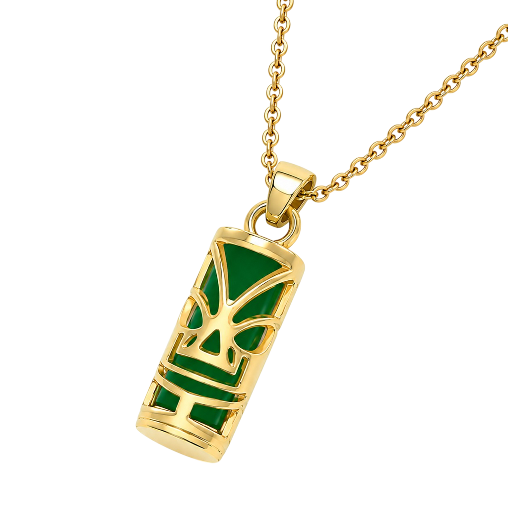Collier Tiki en Plaqué Or 18 Carats & Agate Verte Naturelle