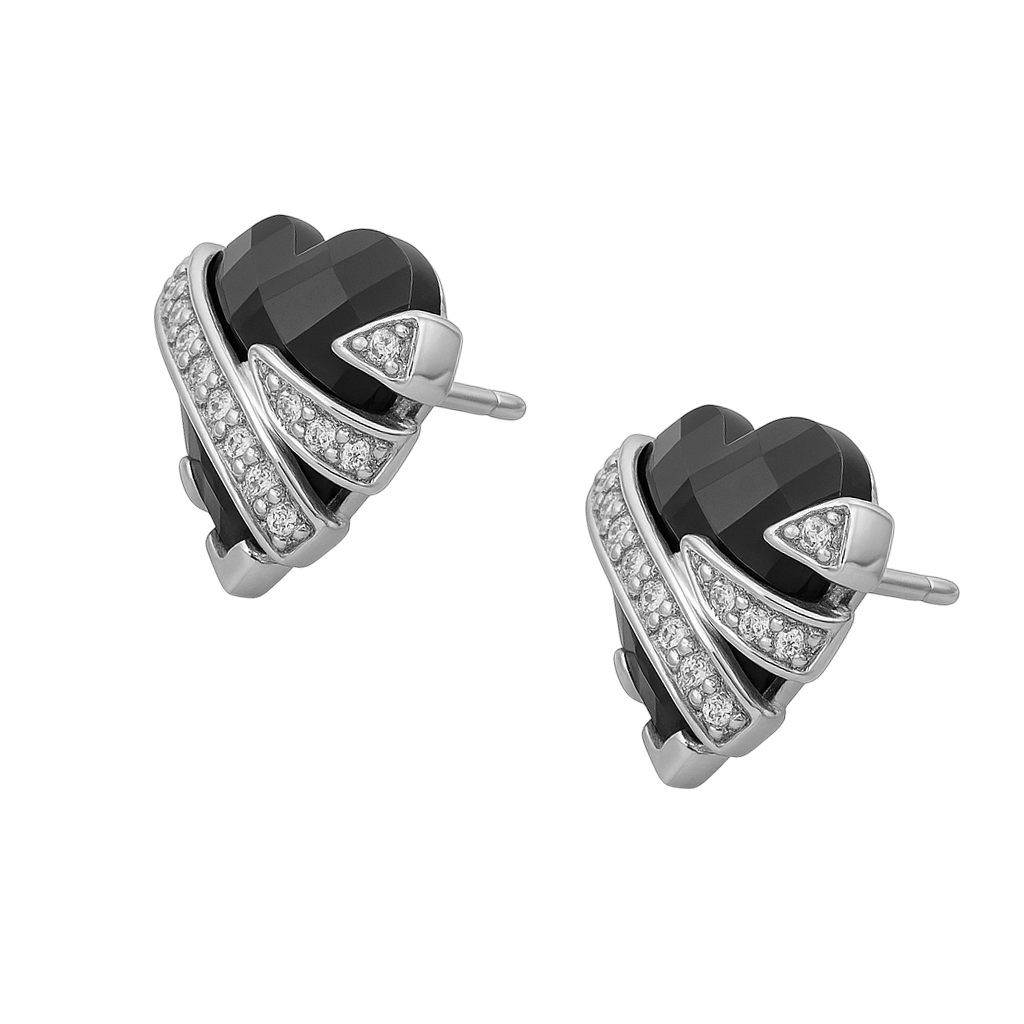 Boucles d’oreilles Cœur Onyx & Argent 925 Rhodié – Zirconiums Étincelants