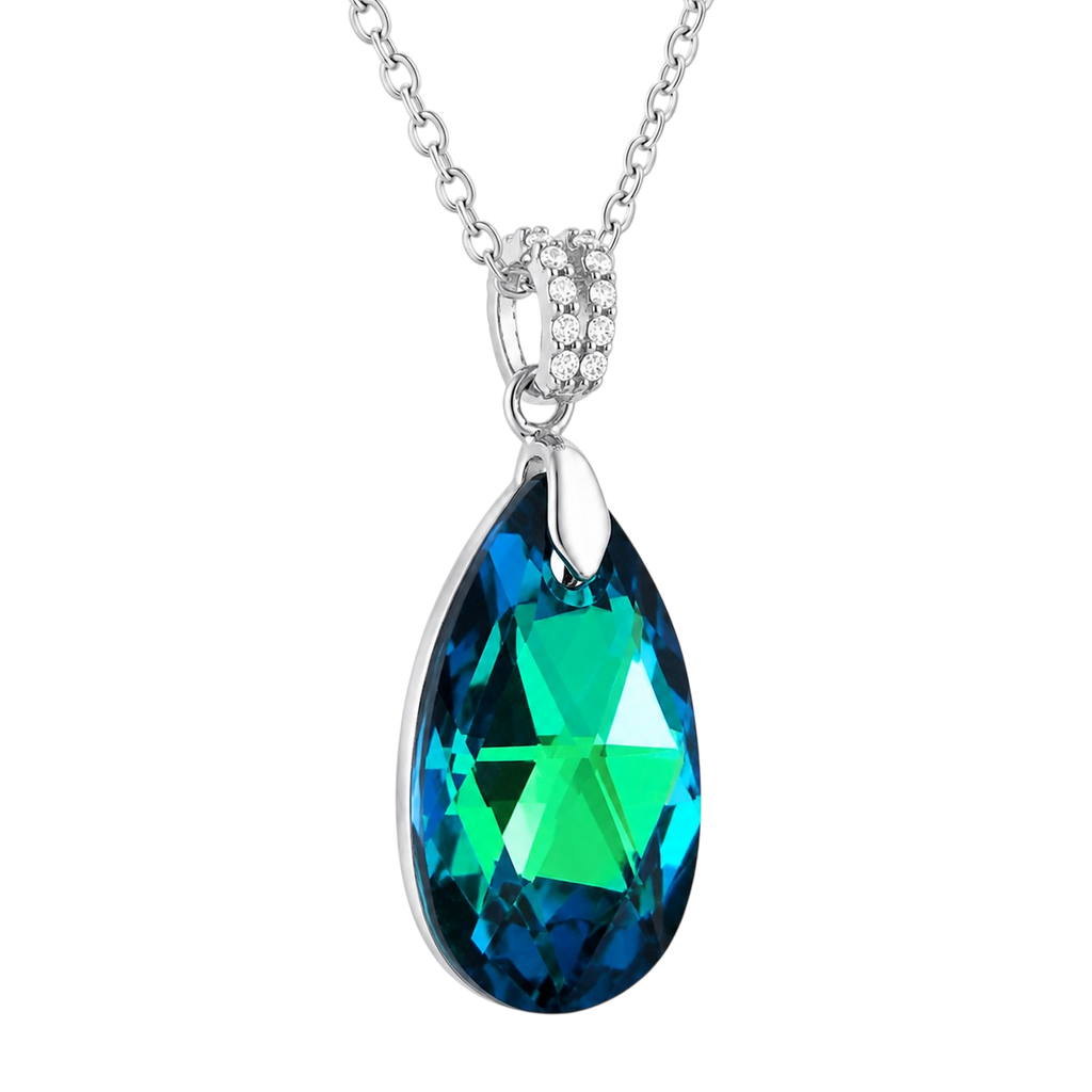 Collier Argent 925 Rhodié, Zirconiums & Cristal Bleu Vert