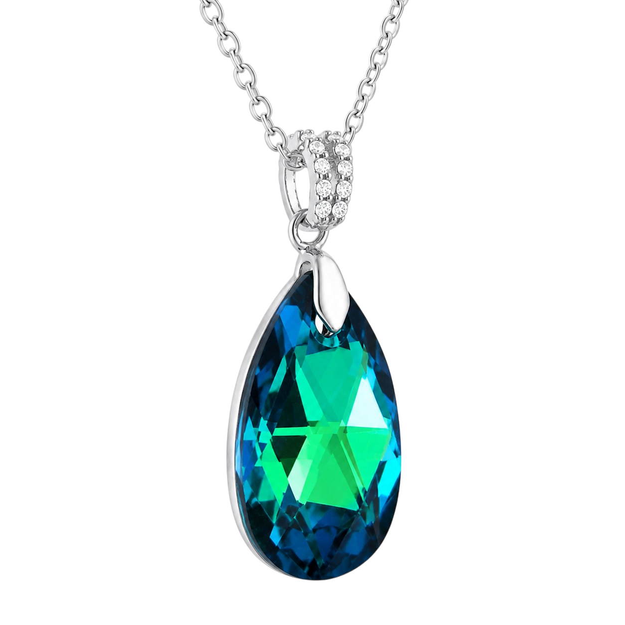 Collier Argent 925 Rhodié, Zirconiums & Cristal Bleu Vert