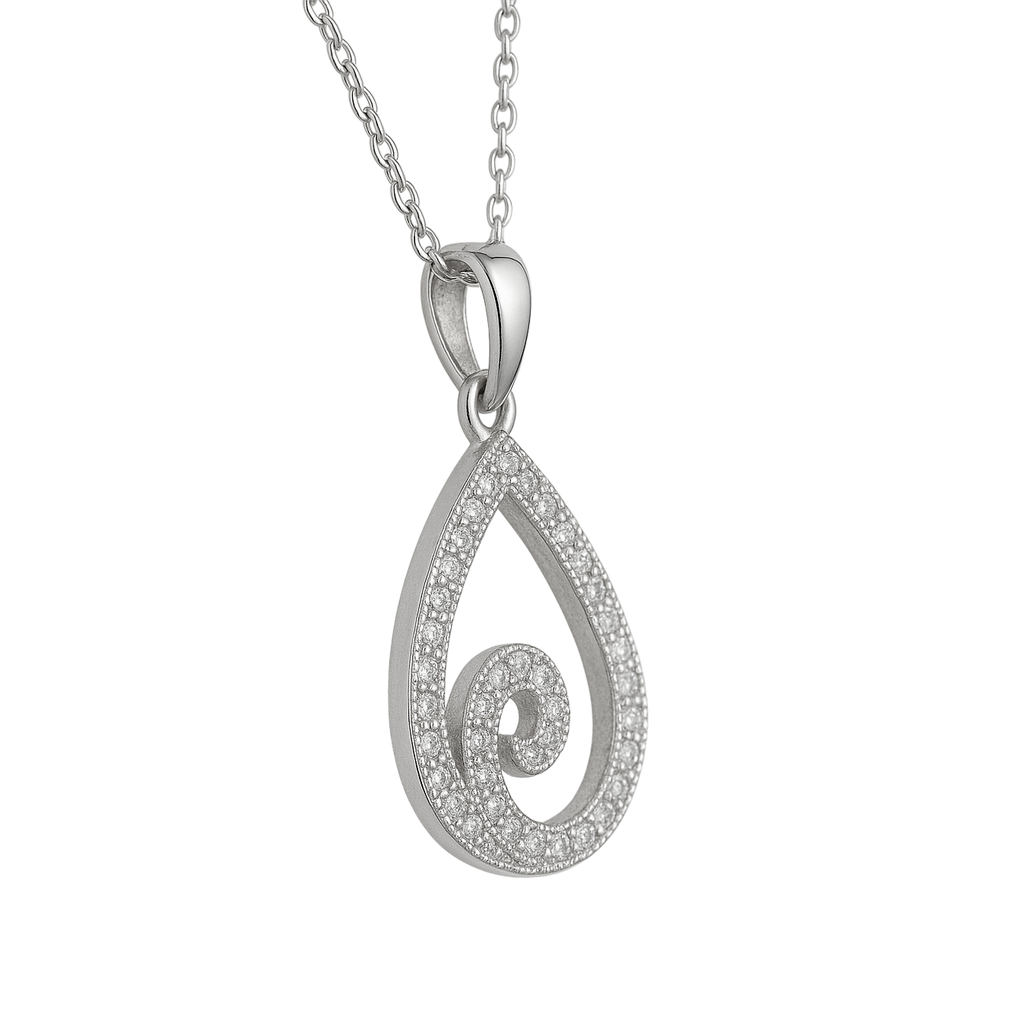 Collier en Argent 925 Rhodié & Zirconium – Pendentif Goutte Spirale Étincelante
