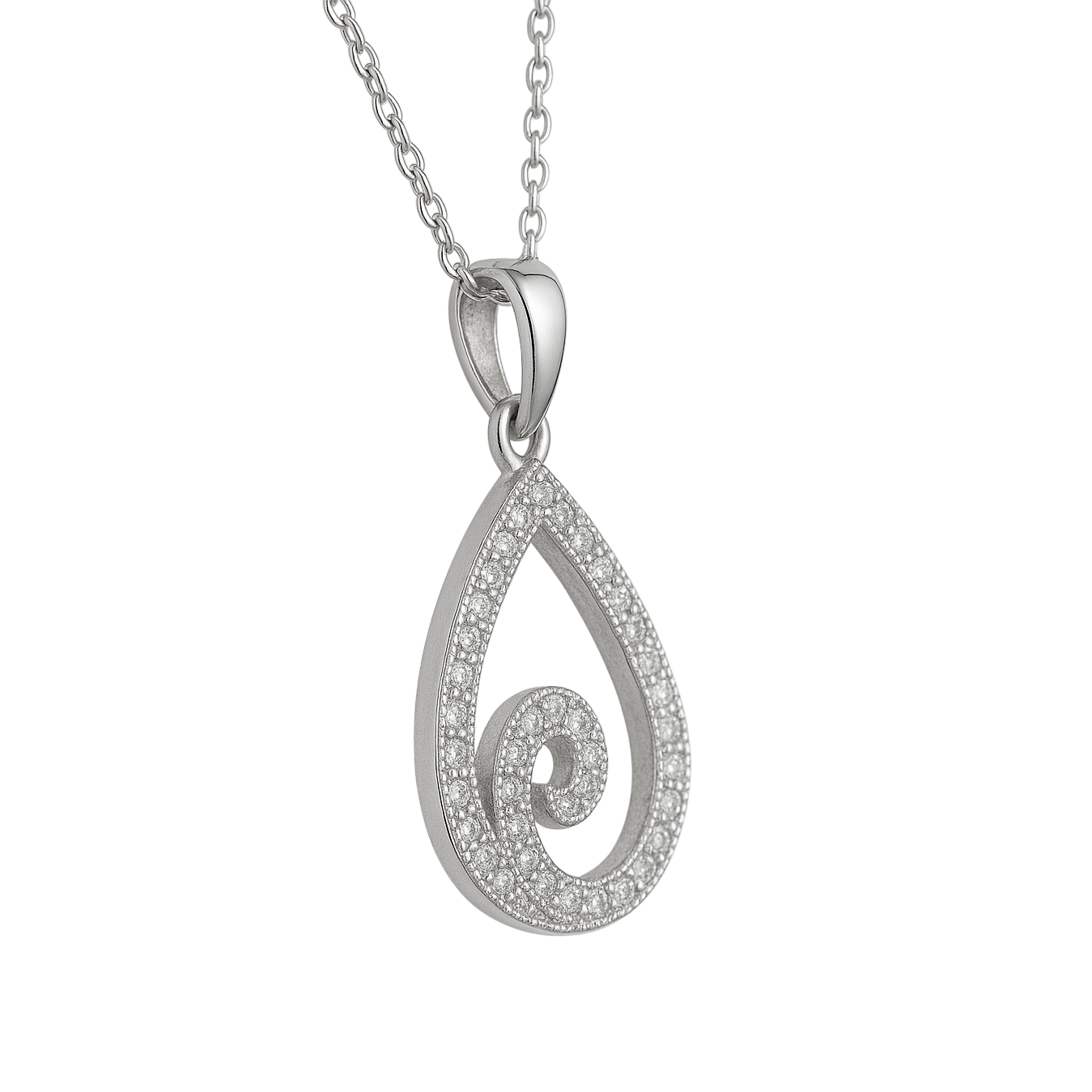 Collier en Argent 925 Rhodié & Zirconium – Pendentif Goutte Spirale Étincelante