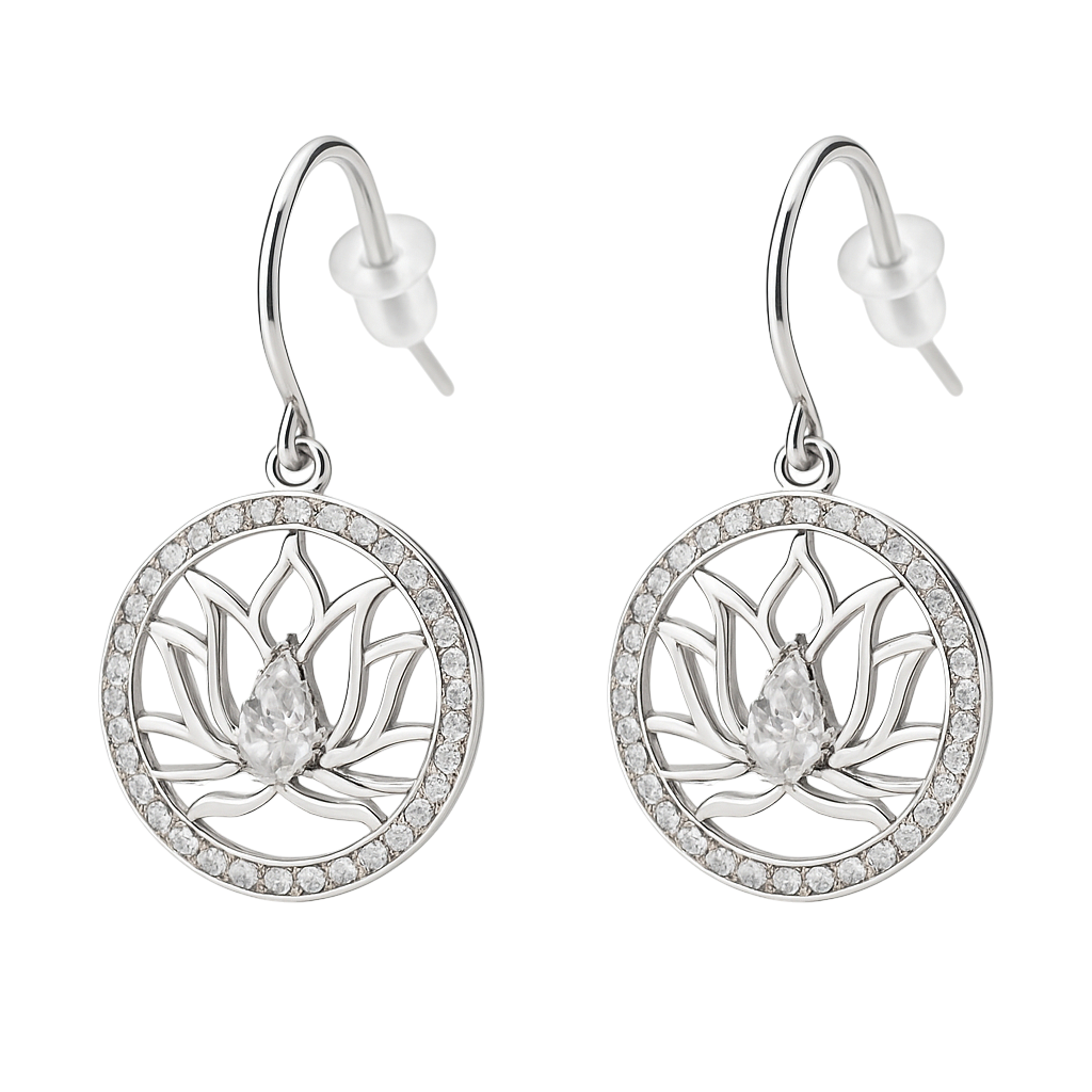 Boucles d’Oreilles Lotus en Argent Rhodié & Zirconium Blanc – Élégance Florale