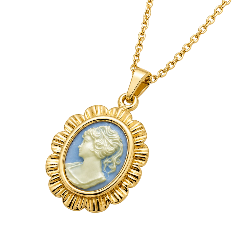 Collier Camée bleu Vintage – Plaqué Or 18 Carats & Résine