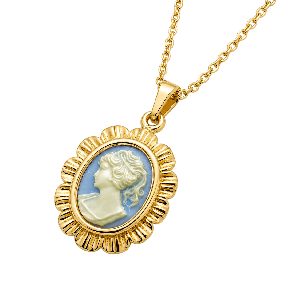 Collier Camée bleu Vintage – Plaqué Or 18 Carats & Résine