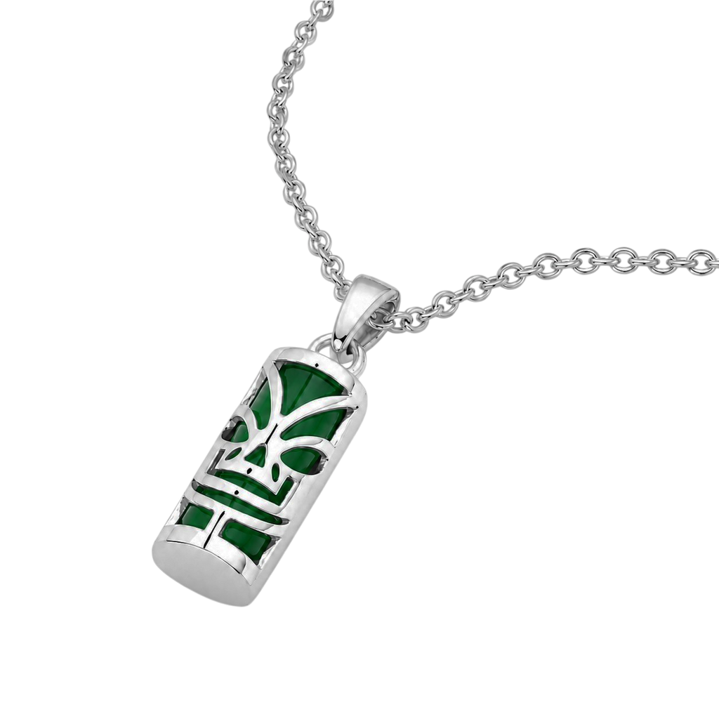 Collier petit Tiki en Argent 925 Rhodié & Agate Verte Naturelle – Unisexe