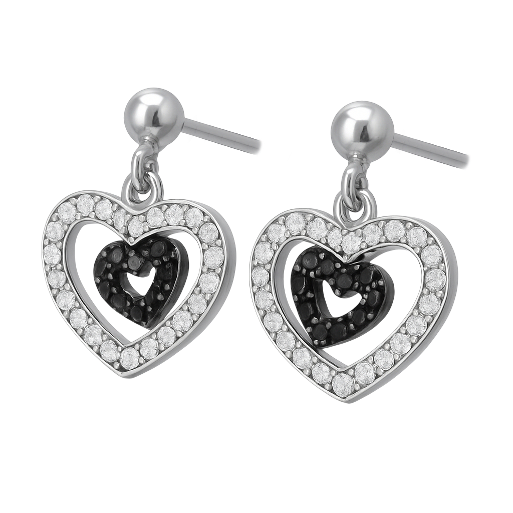 Boucles d’oreilles cœur en argent rhodié – Zirconium blanc & noir | Élégance intemporelle