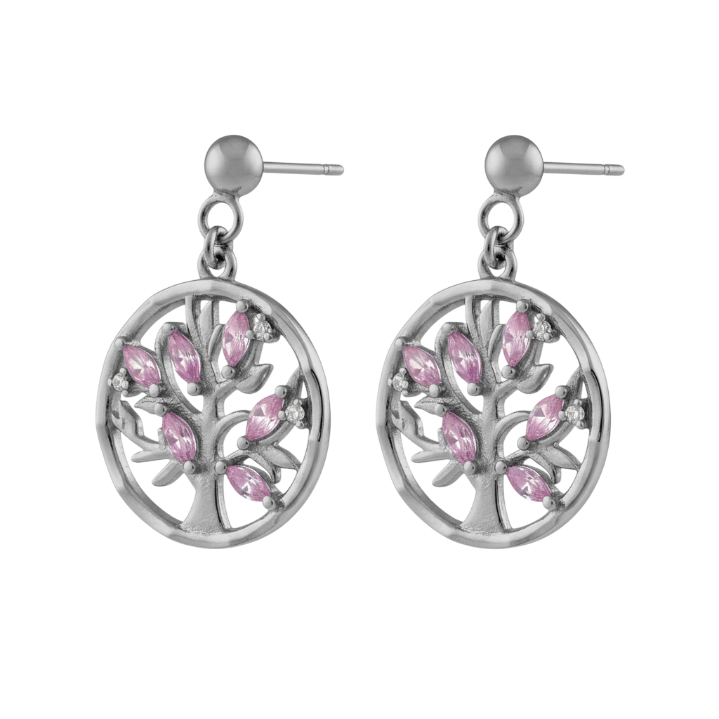 Boucles d’Oreilles Arbre de Vie en Argent Rhodié – Zirconium Rose & Blanc