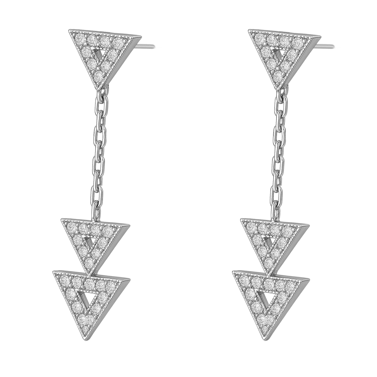 Boucles d’oreilles pendantes triangles en argent rhodié & zirconium blanc – Élégance géométrique