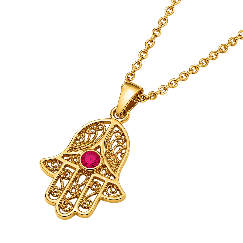 Collier Main de Fatma Plaqué Or Jaune 18 Carats & Zirconium rouge