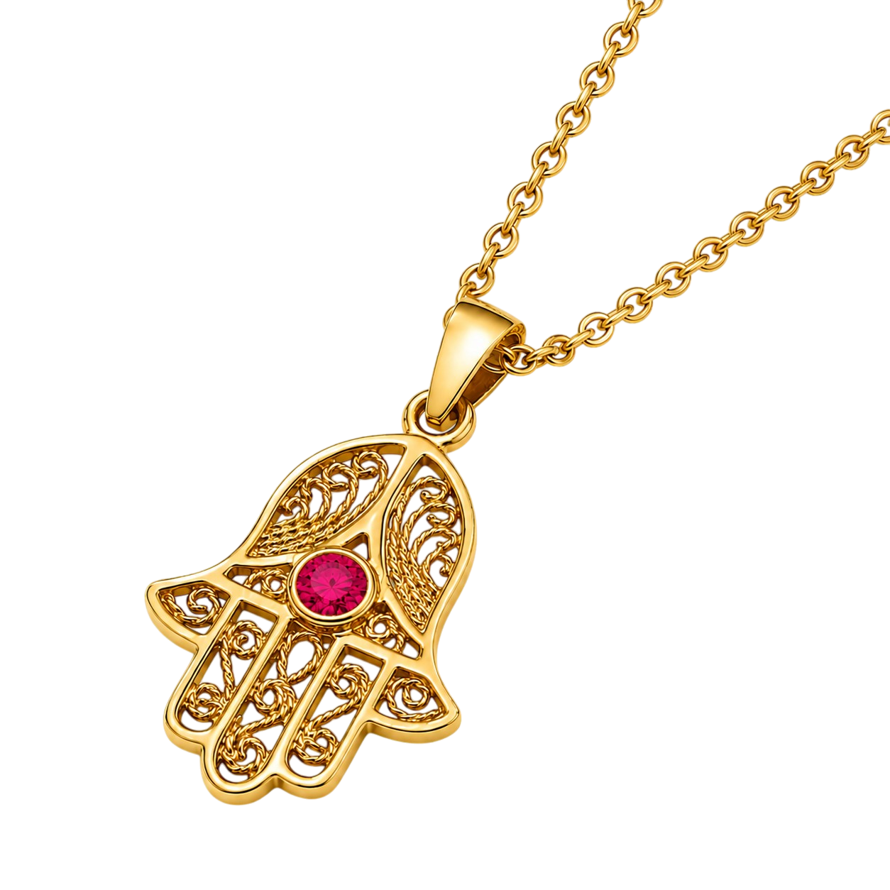 Collier Main de Fatma Plaqué Or Jaune 18 Carats & Zirconium rouge