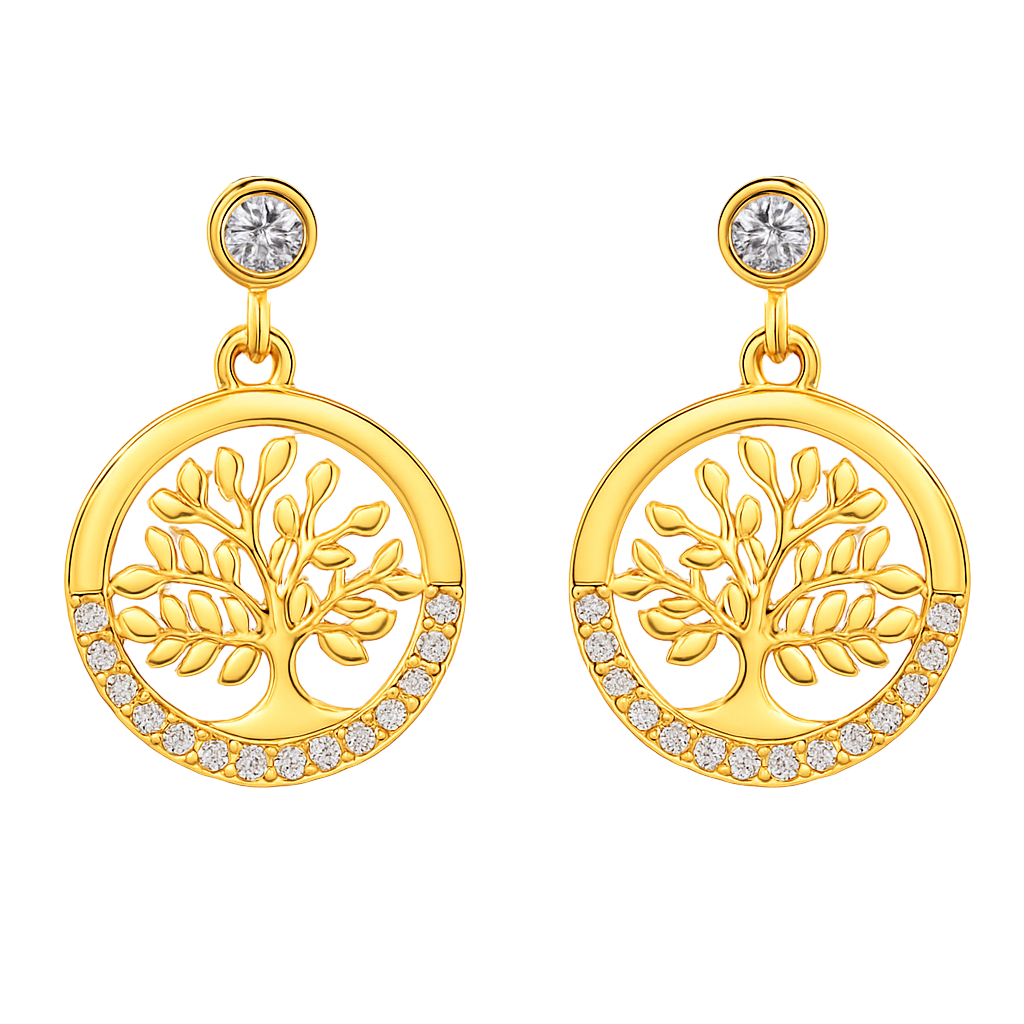 Boucles d’Oreilles Arbre de Vie – Plaqué Or & Zirconium – Bijou Symbolique et Étincelant