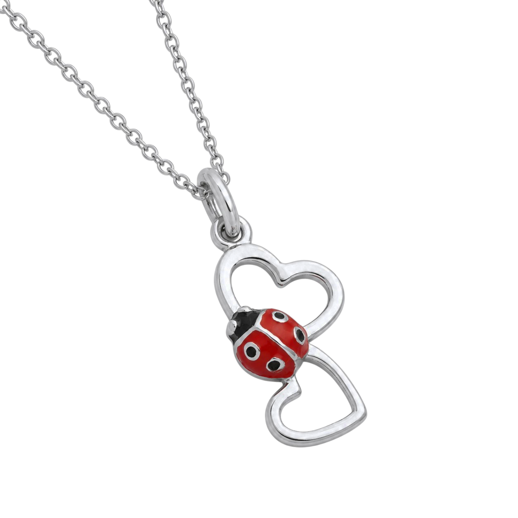 Collier Coccinelle 2 Cœurs en Argent 925 Rhodié & Laque Rouge
