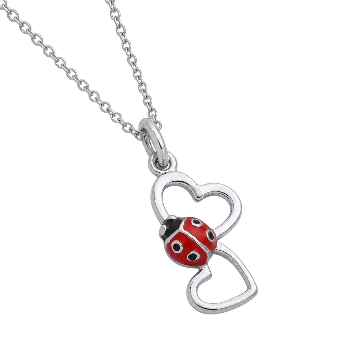 Collier Coccinelle 2 Cœurs en Argent 925 Rhodié & Laque Rouge