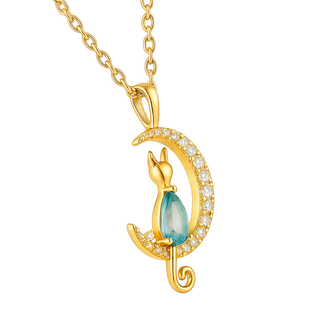 Collier Chat Lune – Plaqué Or 18 Carats & Zirconium