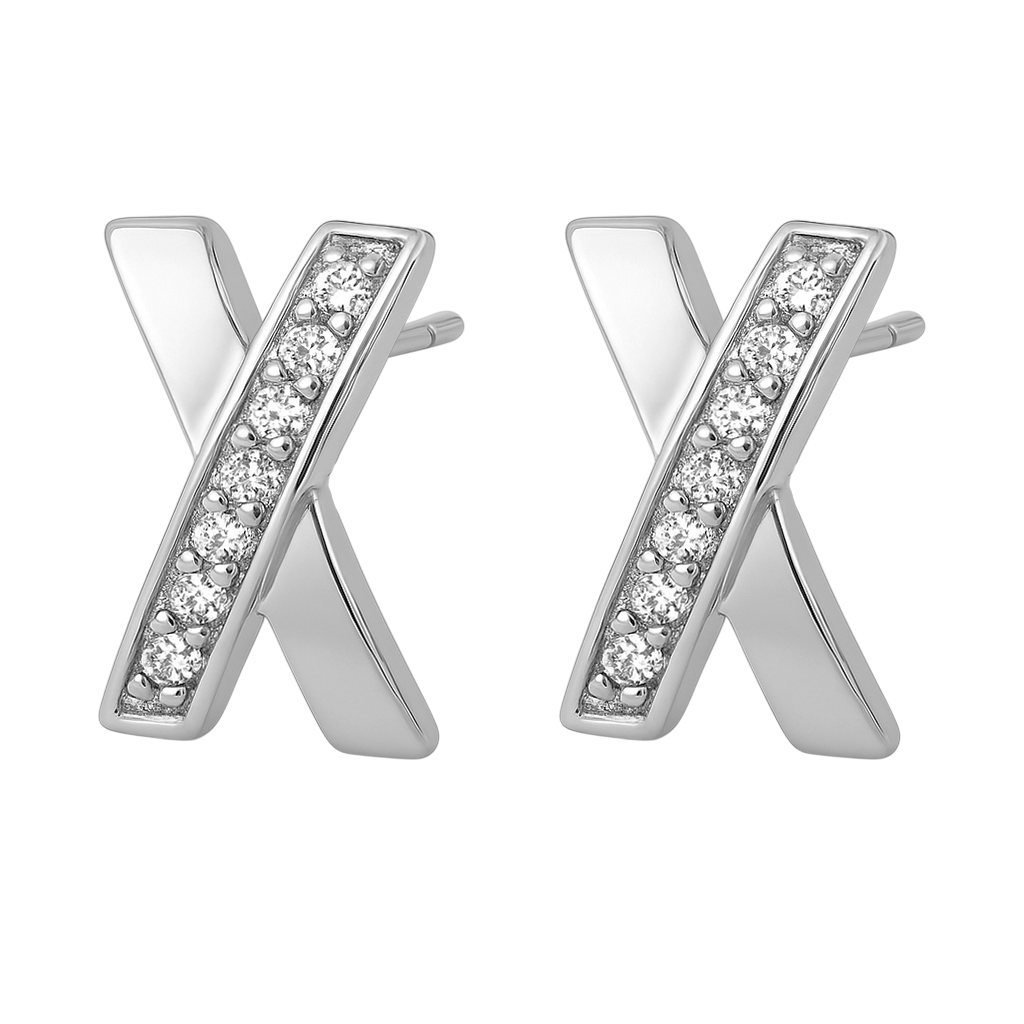 Boucles d’Oreilles Croix Stylisée en Argent Rhodié & Zirconium Blanc – Élégance Moderne