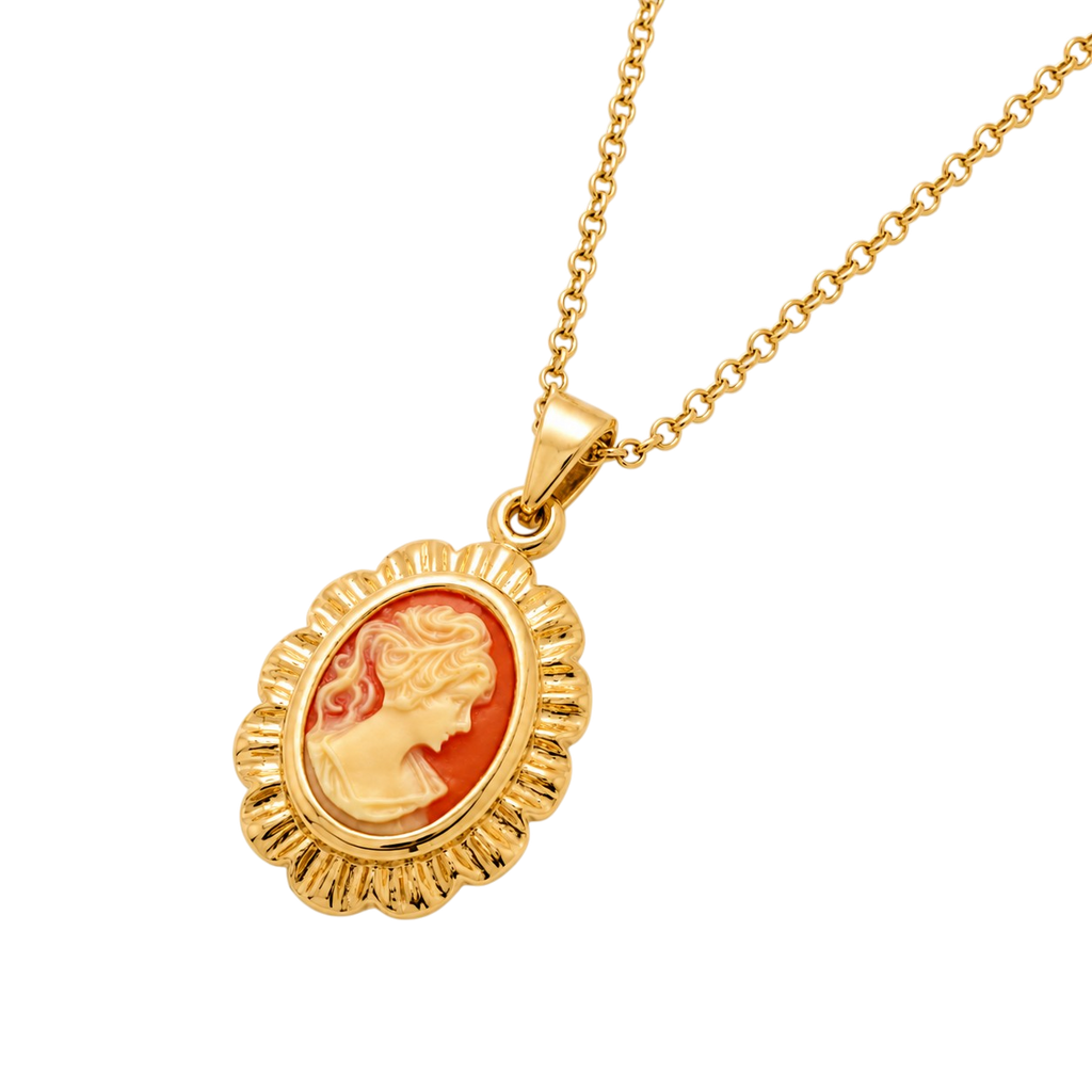 Collier Camée rouge Vintage – Plaqué Or 18 Carats & Résine