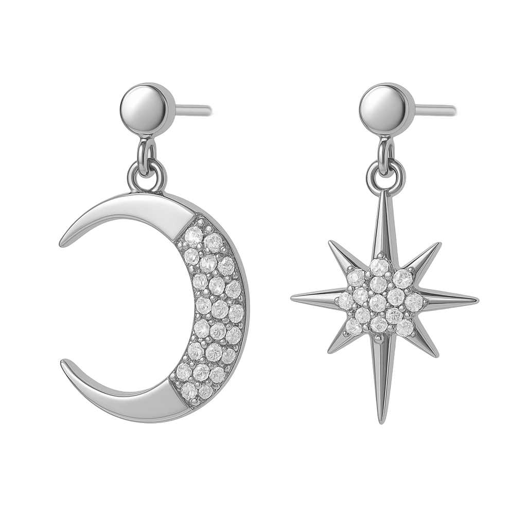 Boucles d’oreilles asymétriques Lune & Étoile – Argent Rhodié & Zirconium Blanc