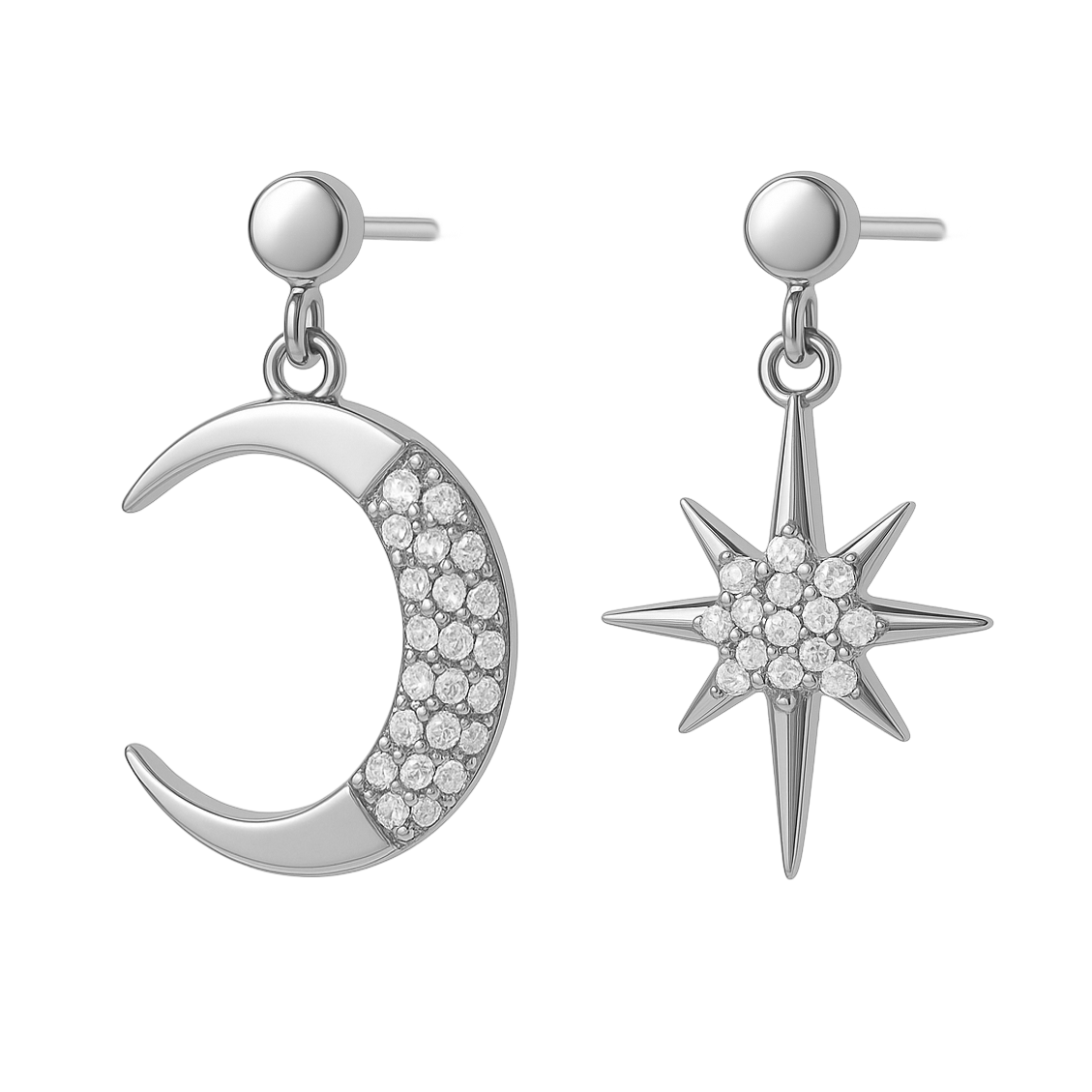 Boucles d’oreilles asymétriques Lune & Étoile – Argent Rhodié & Zirconium Blanc