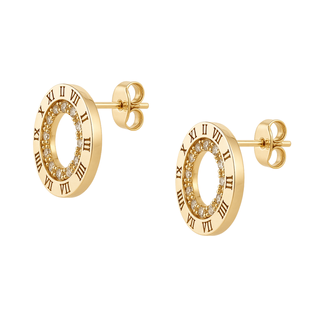 Boucles d’oreilles Cercle Romain – Plaqué Or & Zirconium – Style Luxueux