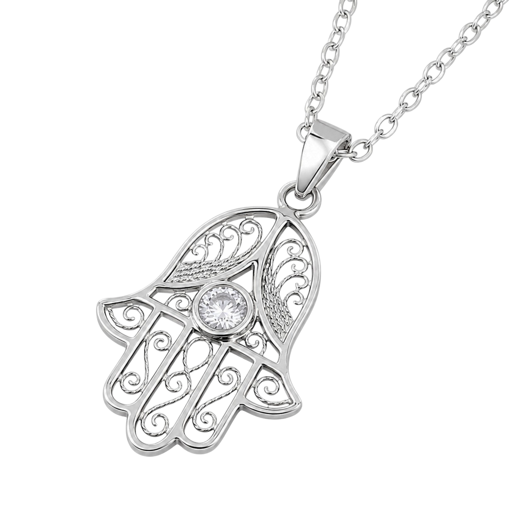 Collier Main de Fatma en Argent 925 Rhodié & Zirconium Blanc