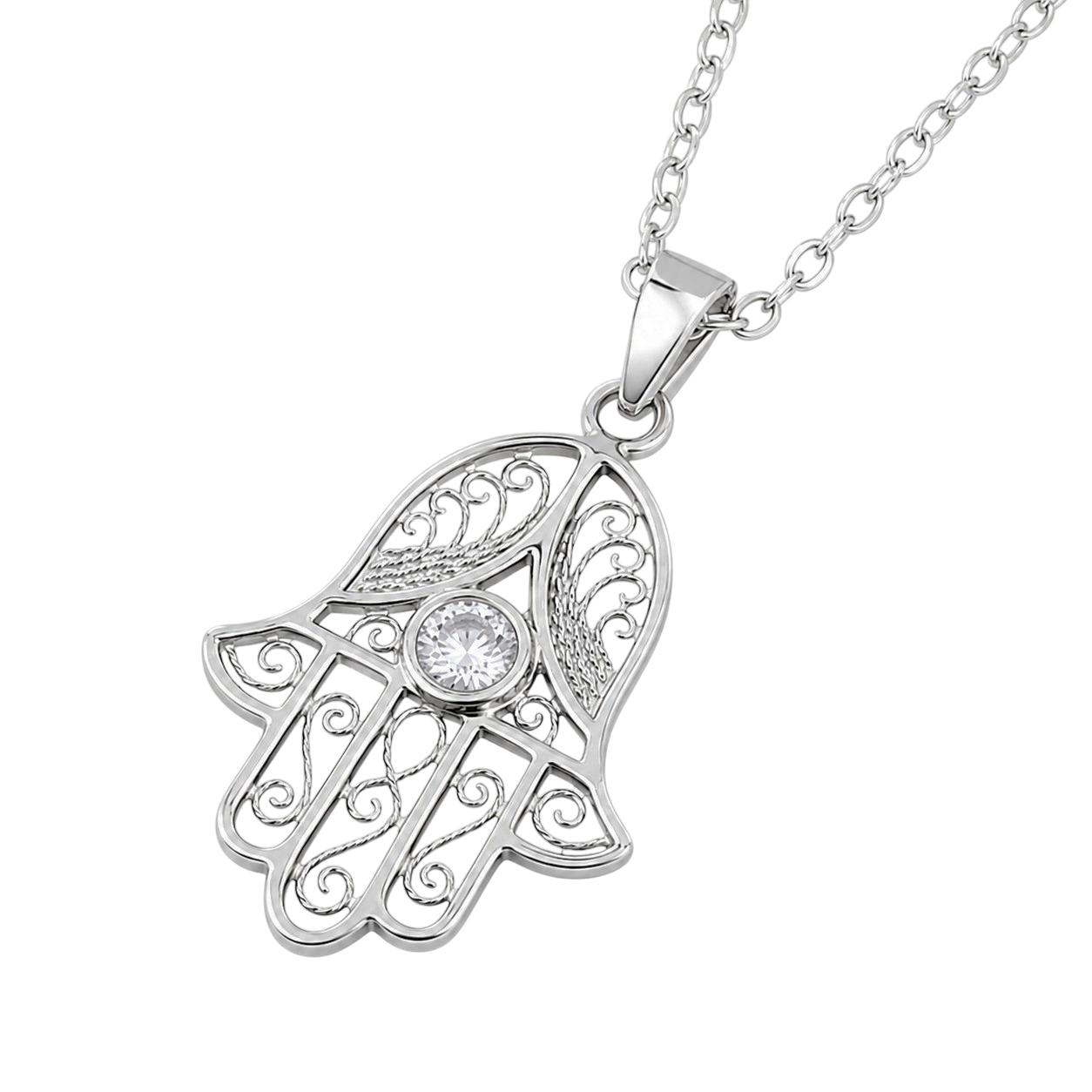 Collier Main de Fatma en Argent 925 Rhodié & Zirconium Blanc