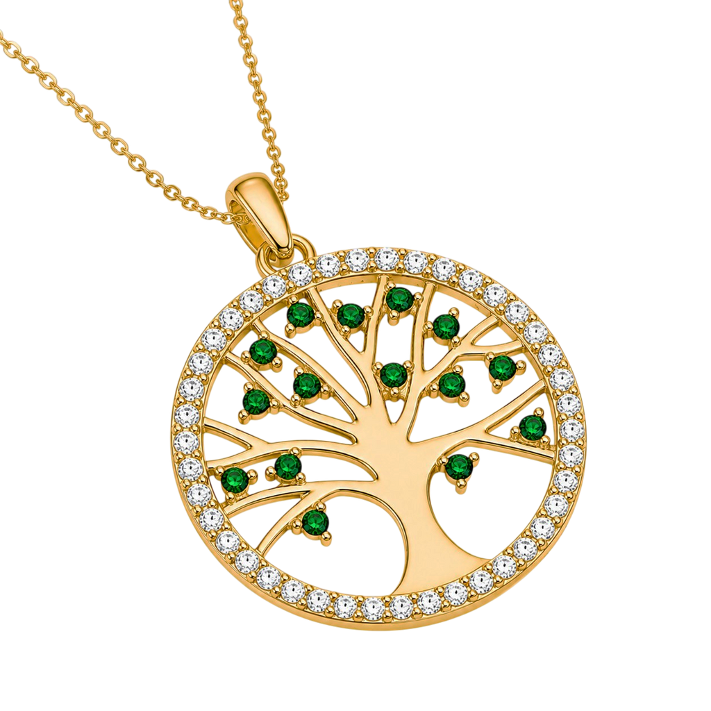 Collier Arbre de Vie – Plaqué Or Jaune 18 Carats & Zirconiums Verts et Blancs