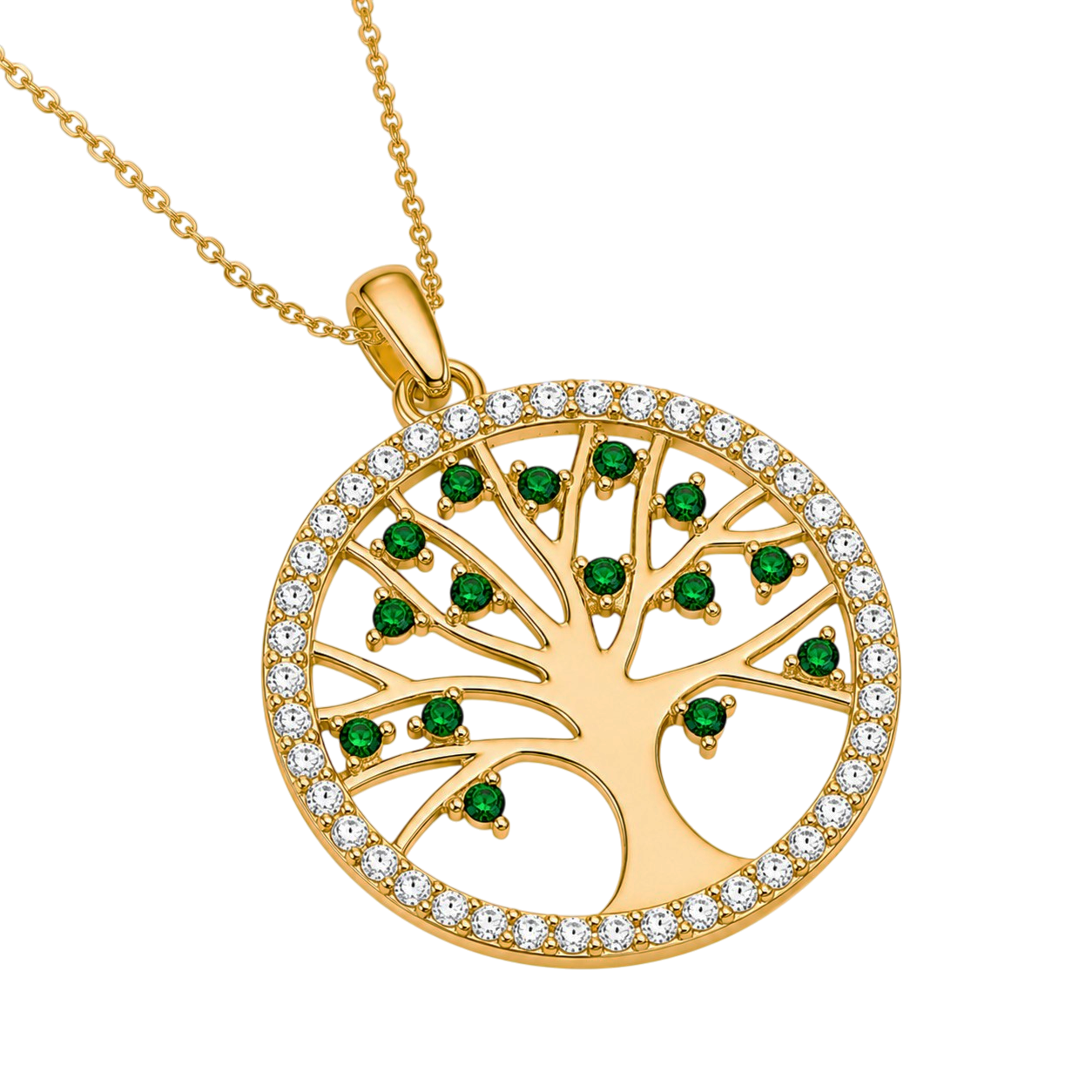 Collier Arbre de Vie – Plaqué Or Jaune 18 Carats & Zirconiums Verts et Blancs
