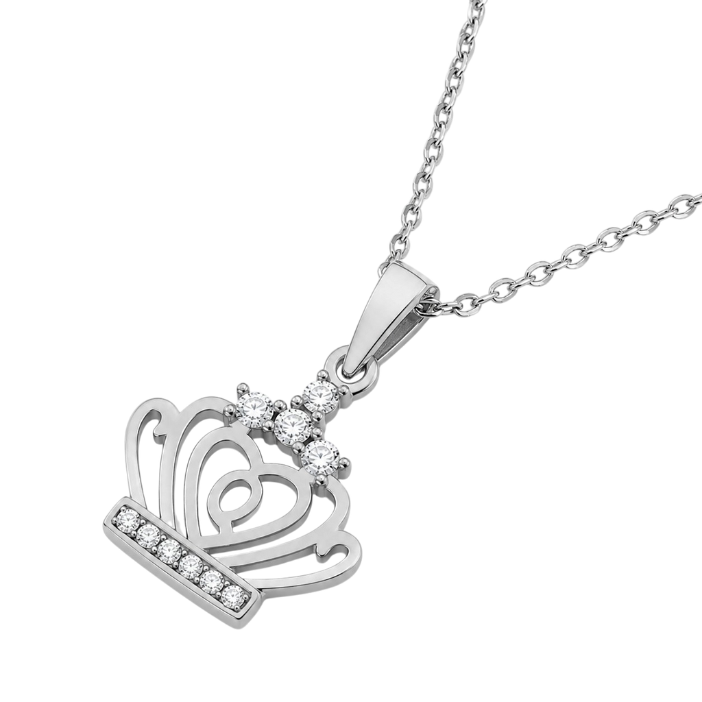 Collier Couronne Cœur Argent 925 Rhodié & Zirconiums