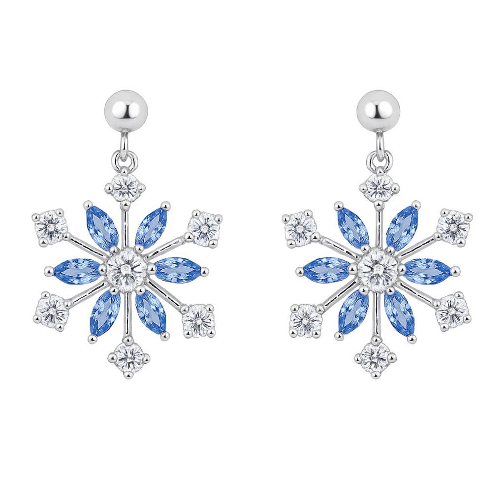 Boucles d’oreilles Flocon – Argent Rhodié & Zirconium Bleu et Blanc