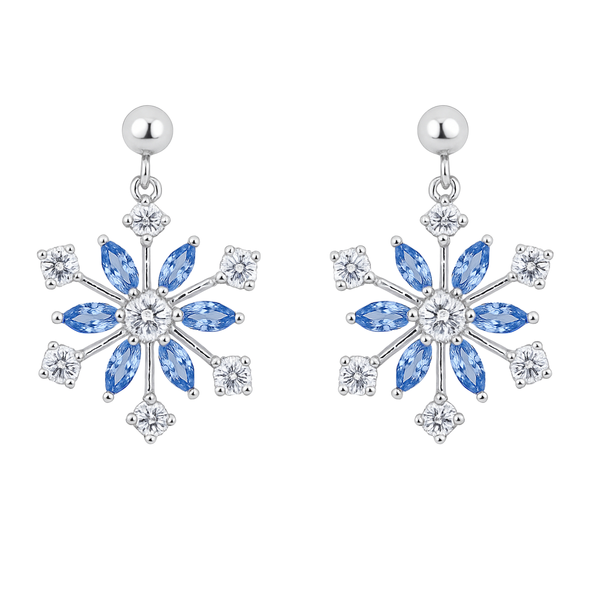 Boucles d’oreilles Flocon – Argent Rhodié & Zirconium Bleu et Blanc