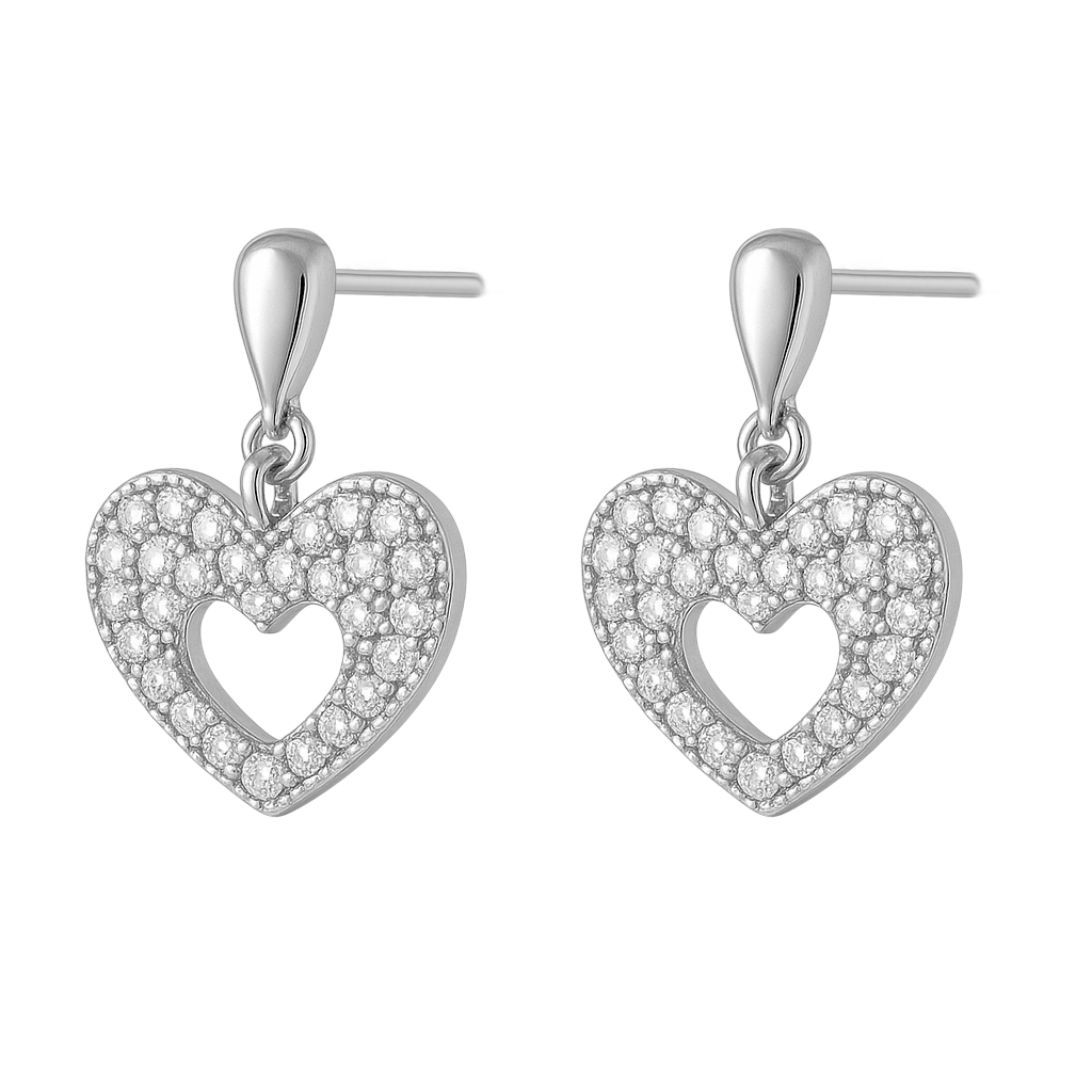 Boucles d’Oreilles Cœur en Argent Rhodié & Zirconium Blanc – Élégance Étincelante