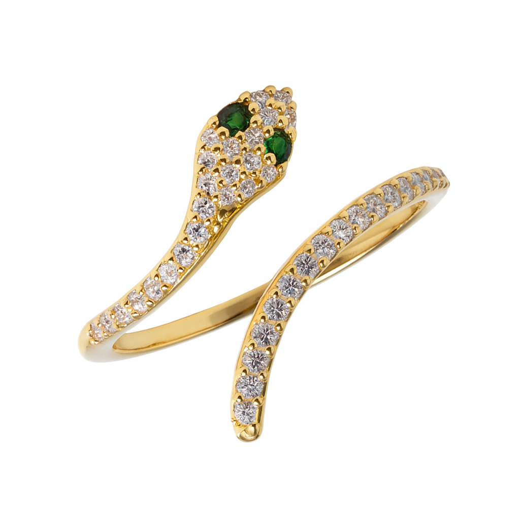 Bague Serpent en Plaqué Or – Zirconium & Yeux Vert Émeraude