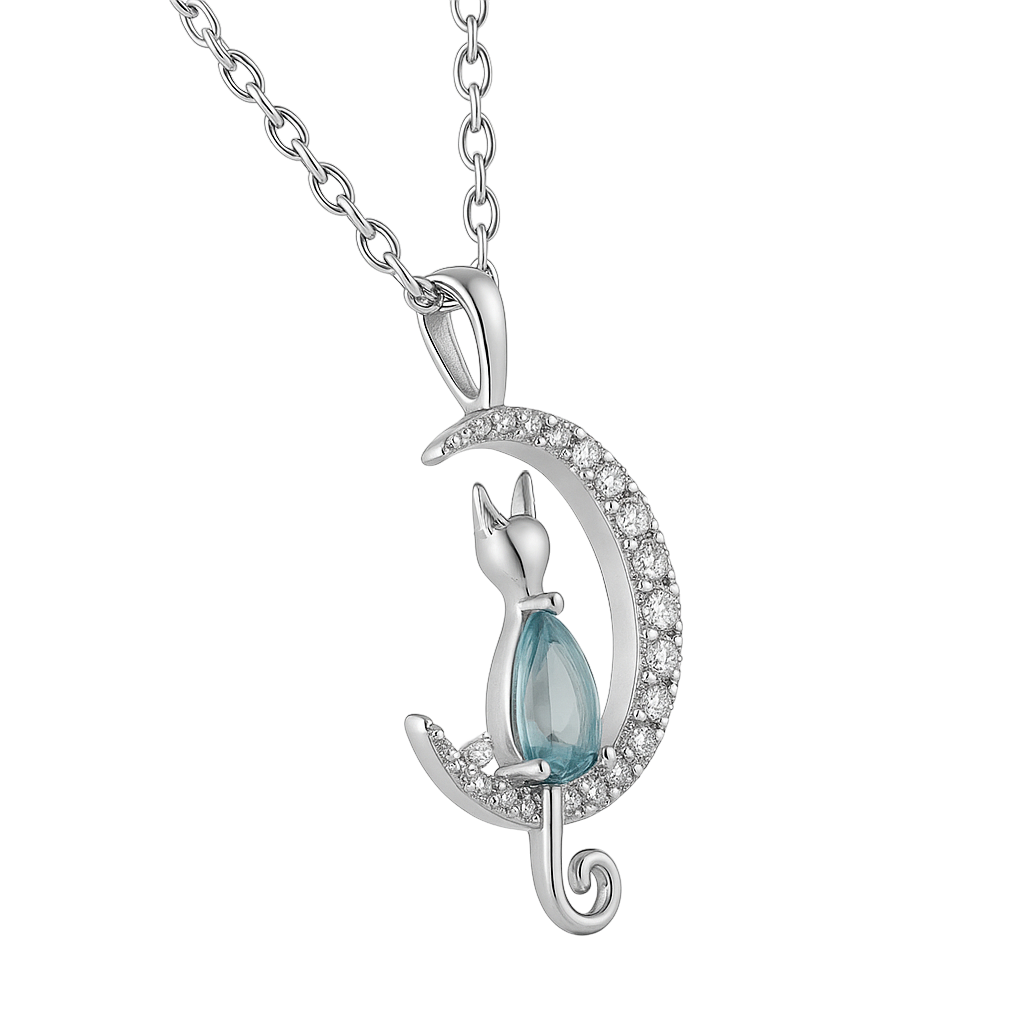 Collier Chat & Lune – Argent 925 Rhodié & Zirconium